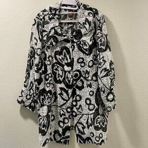 MULTIPLES Button Front Tunic/Lightweight Coat Sheer Long Sleeve, White/Black-XL